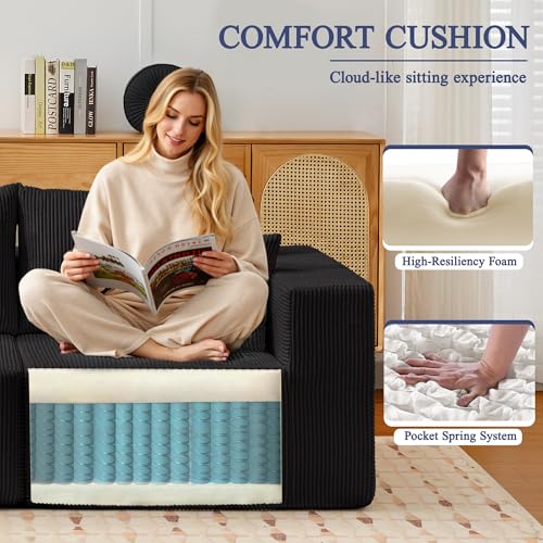 Image of Modular Sectional Sofa for Living Room, 108 inch Cloud Couch Sectional with L-Shape Chaise, Modern Upholstered Corduroy Boneless Couch with Memory Foam Deep Seat, No Assembly Required (Black)