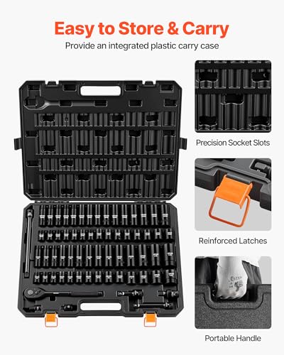 Image of VEVOR 65-Piece 1 /2 inch Drive Impact Socket Set, SAE (3 /8 inch to 1-1 /4 inch) & Metric (10 to 24 mm), CR-V, Deep & Shallow, 6 Point, Ratchet Handle, Universal Joint, Adapters, Extension Bars (3, 5, 10 in)