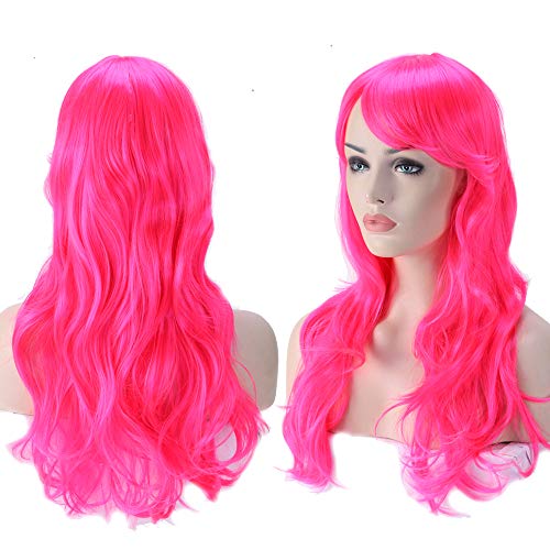 2-5 Days Delivery Unisex Japanese Anime Cosplay Wigs Synthetic Long Curly Big Wave Full Party Costume Wig Layered with Bangs and Cap Halloween Wigs for Women (24"-Wavy, Hot Pink)