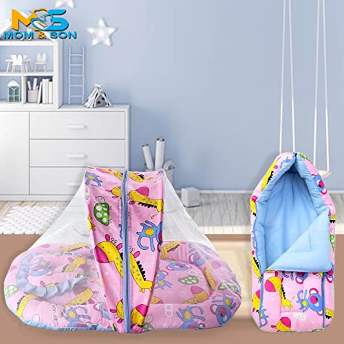 Image of MOM & SON Baby Bedding Set Mattress with Net & Baby Sleeping Bag (0-3 Months) (Pink & Green)