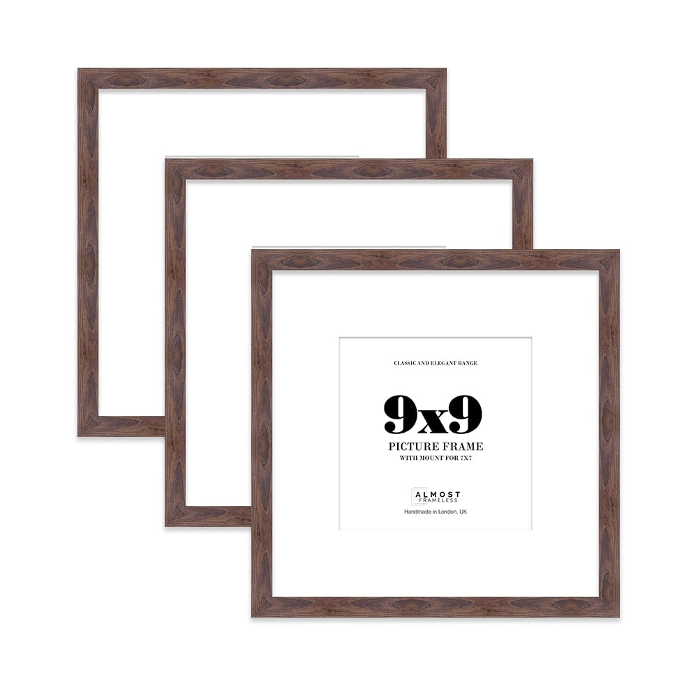 9x9 Walnut Picture Frame with Mount for 7x7 Photos, Prints - Modern Square Wall Frame, Set of 3