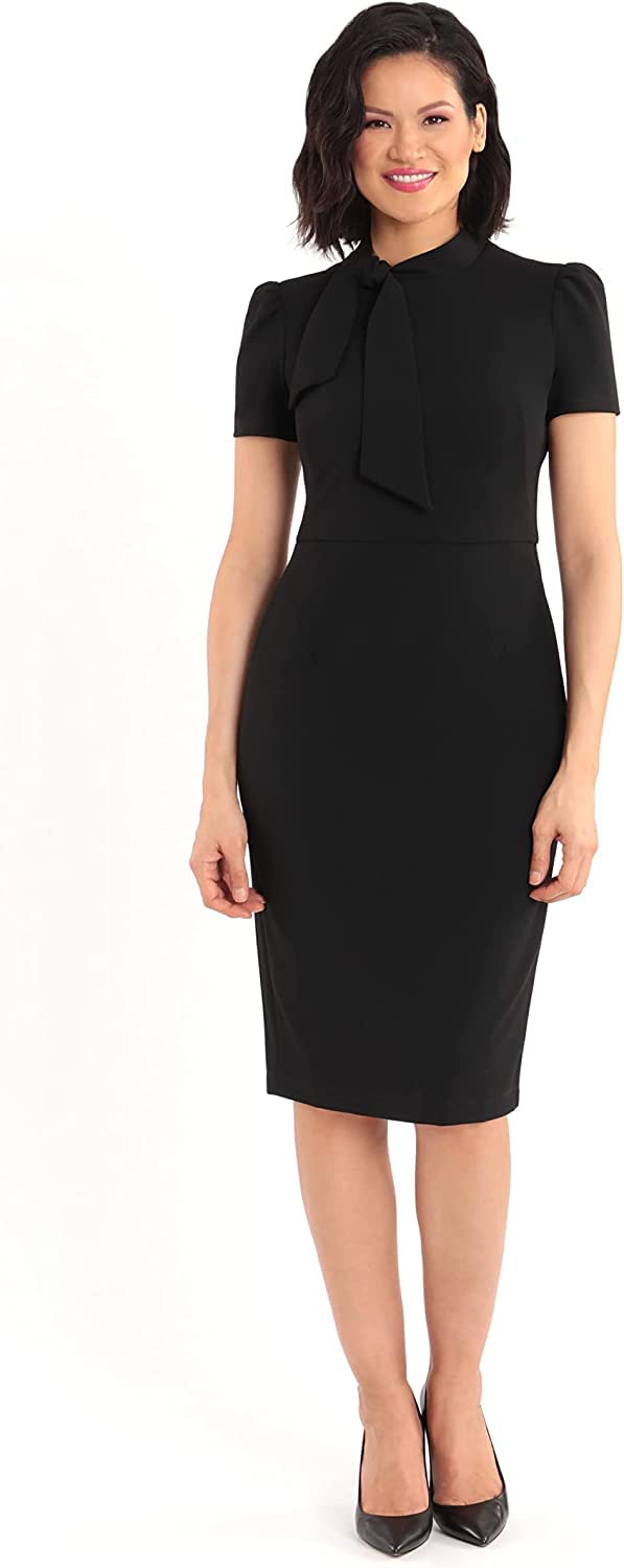 Maggy London Womens Midi Short Sleeve Sheath with Neck Tie Career Office Work Wear