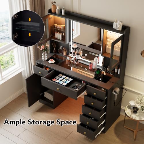 Image of iPormis Vanity Desk with Mirror and Lights, Glass Top Makeup Vanity with RGB Light and Power Outlet, Dressing Table Mirror with 3 Lighting Colors, 7 Drawers, 3 Cabinets, Black Vanity for Bedroom