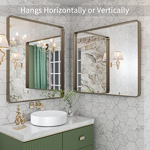 Loaao 30”X36” Bronze Bathroom Mirrors For Vanity, Rounded Rectangle Brushed Bronze Metal Frame Mirror, Anti-Rust, Tempered Glass, Hangs Horizontally Or Vertically #TOP2