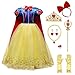 IWEMEK Principessa Ragazze Biancaneve Carnevale Costume Fantasia Vestito Manica Lunga Bianco Neve Abito Travestimento Halloween Natale Vestito con Mantello Giallo con Accessori 6-7 Anni