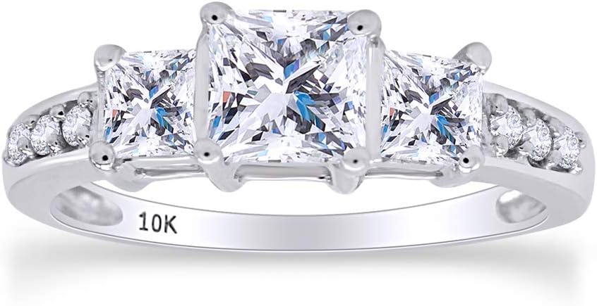AFFY Princess Cut Simulated White Sapphire & White Cubic Zirconia Three Stone Ring in 10k Solid Gold