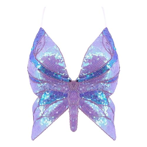 Mocure Womens Sparkly Butterfly Sequin Crop Tops Sexy Trendy Sleeveless Cute Butterfly Halter Tops Rave