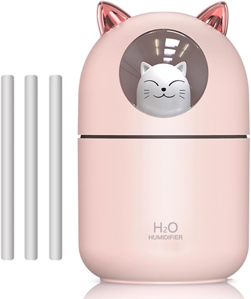 Portable Small Humidifier, YIMIKE 300ml Mini Cool Mist Humidifier with Night Light, USB Personal Humidifier Auto Shut-Off, Ultra-Quiet, 2 Spray Modes, Suitable for Home Office Travel (Pink)