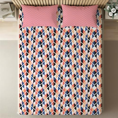 Image of Livspace Cotton Queen Size Bedsheet for Double Bed | 100 inch x 88 inch | 144 TC Flat Cotton Bedsheet with 2 Pillow Covers, Soft & Breathable - Bello Pure Nest Collection (Pink Blue)