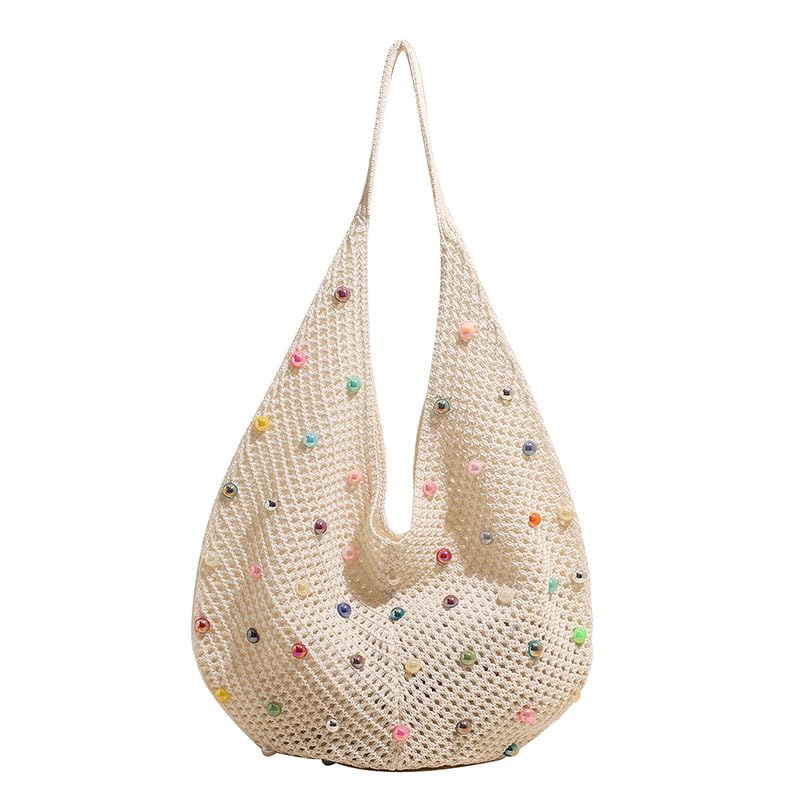 Image of Boho Crochet Beach Tote Shoulder Bag with Colored Beads | Colorful Aesthetic Hippie Knit Bag for Women