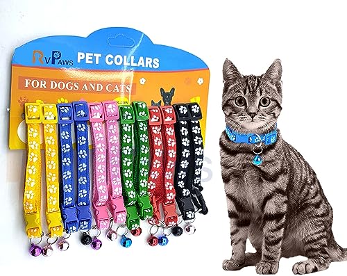 Image of Woofy Polyester Cat Collars - Paw Print Design, with Bell, Adjustable Strap and Safety Release Buckle, Modern Paw Print Design for Your Cute Cats (Pack of 2 Pcs) Random Color, 30 x 1 cm, multicolor