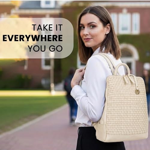 Image of 12.5 Inch Genuine Leather Backpack for Women and Men, Brown Leather Backpack with Adjustable Shoulder Strap (Beige)