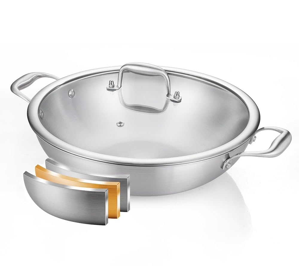 Nontoxicook 33cm Tri-Ply Stainless Steel Wok Pan with Lid