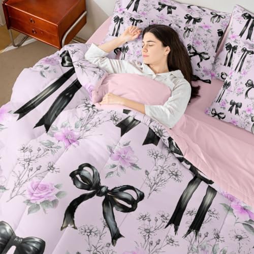 Image of Black Bow Tie Queen Comforter Set with Sheets | Boho Flowers Pink Floral 7 Piece Bedding Set Princess Bow Bed in a Bag, Girly Dreamy Ribbon Bowknot Room Decor,Cute Room Decor Aesthetic Kawaii