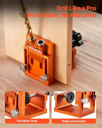 Image of VEVOR Pocket Hole Jig Kit, 0.47 to 1.89 in Adjustable, Jig Pocket Hole System with Step Drill, Hex Wrench, Drill Stop Ring, Square Drive Bit, Plugs and Screws, Reinforced Metal Frame, for Woodworking