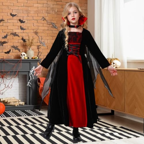 HarnyLoom Vampire Costume Kids Halloween Costumes for Girls Gothic Vampire Outfit Fancy Dress Up Set Halloween Vampiress Queen (S (3-4 years)) - Image 4