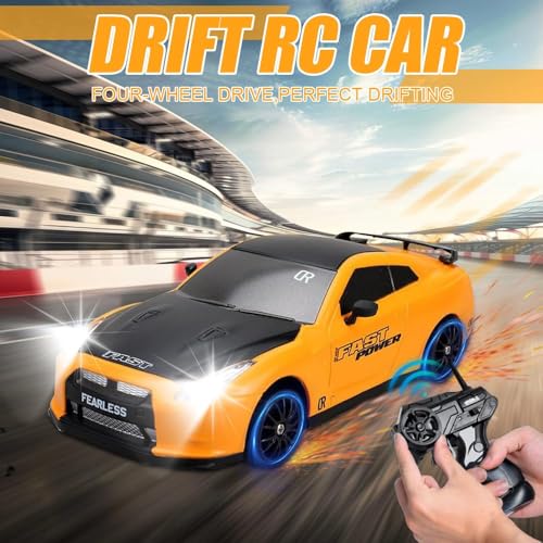 Image of Rc Drift Remote Control Car 1:24 Scale, High-Speed, 4Wd, Lights, Battery Racing Car, Drifting Tires, 2.4Ghz, for Kids (RC Drift II - Yellow)