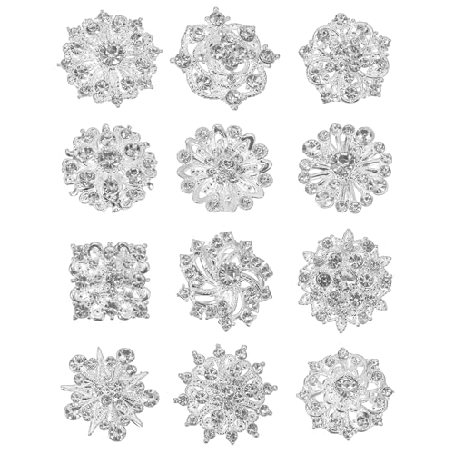 Nogeqi 12 Stück Kristall Strass Broschen für Kleidung Silber Brosche Damen Strass Blume Brosche Klein Broschen & Anstecknadeln für Damen Braut Hochzeit Bouquet Brooch Corsage Kleid