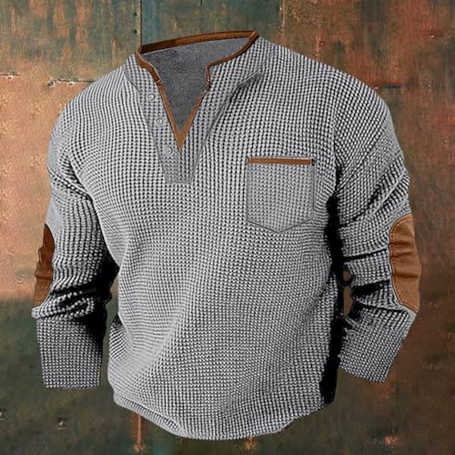 Men's Waffle Sweatshirt Casual Knited Long Sleeve Thermal Stand Collar Pullover Stylish Warm Cozy V Neck Henley Top2