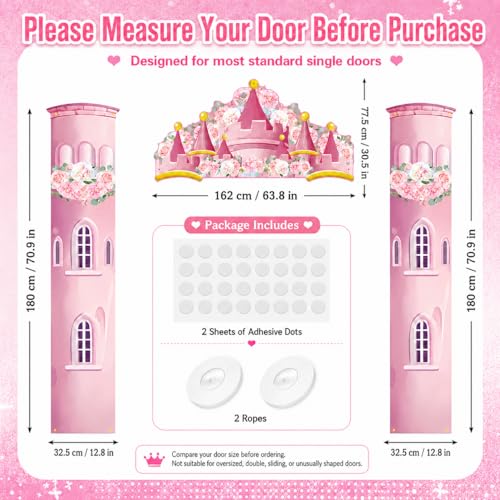 Image of Princess Castle Door Banner - 3PCS Pink Castle Backdrop with Floral Towers, Hanging Princess Photo Booth Backdrop for Girls Birthday Party Baby Shower Decorations