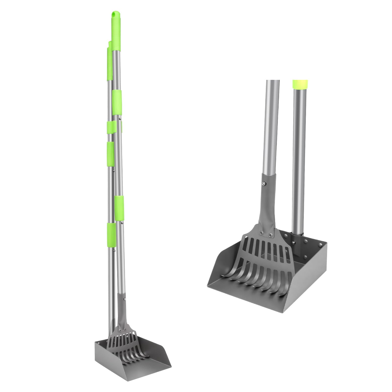 Non-Breakable Pooper Scooper, Dog Pooper Scooper Tray &amp; Rake Set with Adjustable Stainless Steel Long Handle for Large Medium Small Dogs (Green)