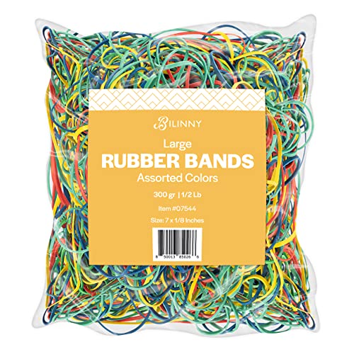 Bilinny Large Rubber Bands Heavy Duty 1/2 Lb - Made In Usa - 4 Assorted Colors Included - Long Rubber Bands Office Supplies For Files - Home & Kitchen Use - 7X1/8 Inches #TOP3