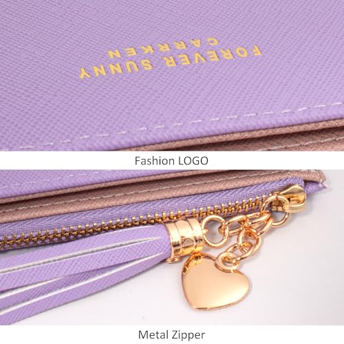 Image of KOTORA Womens Small Wallet Girls Tiny Slim Wallets Pretty Mini Card Holder Thin Short Zip Coin Purse with Love Pendant and Tassels (Purple)