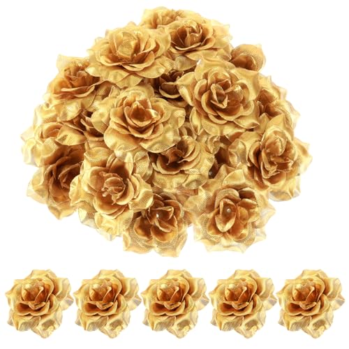 Bremorou 36 Pcs Gold Flowers Gold Roses Artificial Flowers for Centerpieces Silk Faux Silk Rose Head in Bulk Roses Artificial for DIY Decor Cake Wristband Clothes Headwear(2.161.18 inches/ 5.53 cm)