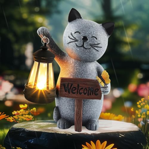 Umllpet Lampada solare a forma di gatto, statuette da giardino per esterni con lanterna solare, divertente, impermeabile, decorazione da giardino per esterni, giardino, balcone, cortile, regalo di