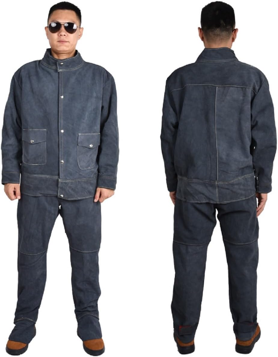 Cowhide Welding Work Argon Arc Welding Long Sleeve Protective Anti Arc Splash Cowhide Clothing Suit,Dark blue,XL