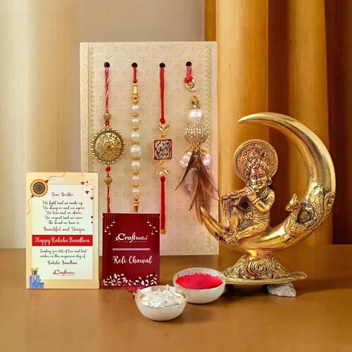 Image of eCraftIndia Designer Peacock Rakhi, Lord Krishna Idol Playing Flute Under Tree with Cow and Calf Showpiece, Roli Chawal Pack, Raksha Bandhan Greeting Card