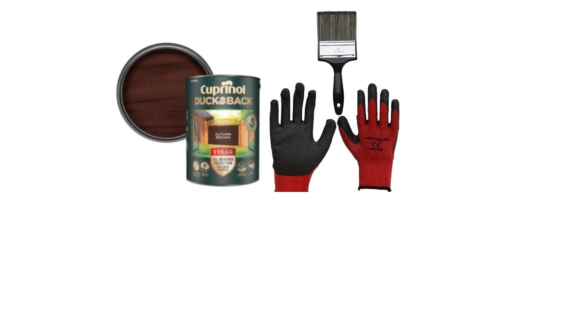 FAB INT PRODUCTS Cuprinol Ducksback 5 Year Waterproof for Sheds and Fences, 5L, Include Glove L, 4"Brush, (Autumn Brown)