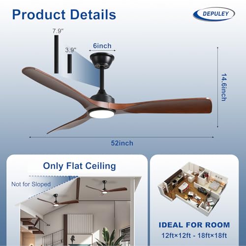Image of Depuley 52-Inch Ceiling Fan with Light: Walnut 3 Blade Outdoor Fans for Patios - Dimmable Indoor Fan with Remote APP Control Ultra Quiet DC Motor Reversible 6 Speed Timer
