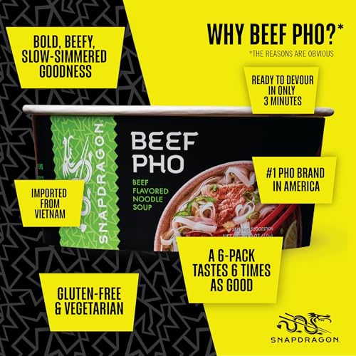 Snapdragon Pho Bowls - 6-Pack Instant Noodles with Slurpable Vietnamese Beef Pho Broth and Gluten Free Rice Cup Noodles. 3-Minute Microwave or Hot Water for Quick Soup Meals or Snacks