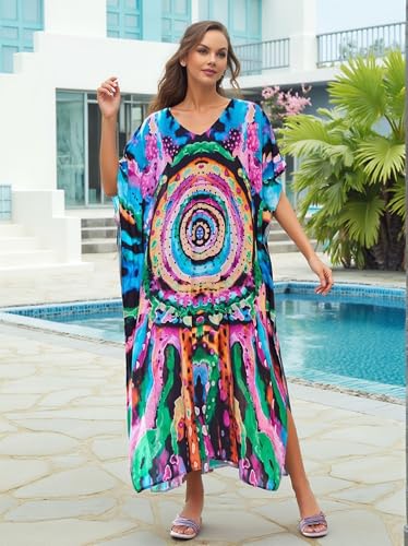 Image of IMAGEKOPE Kaftan Dresses for Women Plus Size Bathing Suit Cover up Vneck Batwing Dress Loose fit Moroccan Caftan mumu Dresses