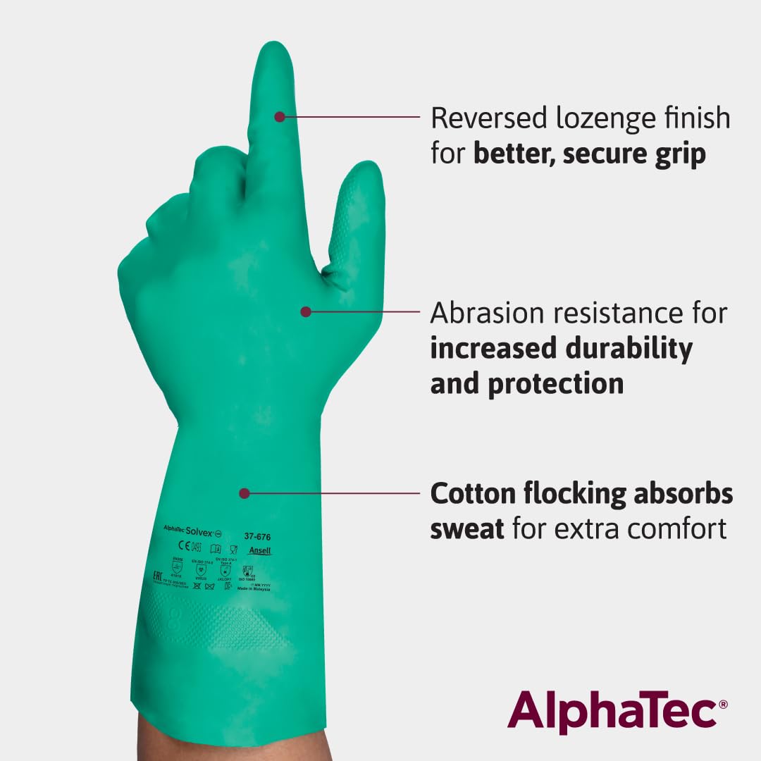 Ansell AlphaTec 37-676 Guantes Nitrilo Reutilizables, Protección Química y Mecanica, Manipulación Alimentos, Guante Trabajo Impermeables Hombre Mujer, Verde, Talla L (12 Pares)
