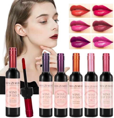 Kit Wine Lip Tint Set 6 Colors Long Lasting Lip Stain with Smudge Proof and Moisturizing Formula Adorable Mini Wine Bottle Lip Gloss Kit an Ideal Gift Set for Women and Girls
