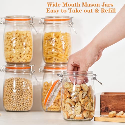 Image of 32oz Wide Mouth Mason Jars (6 Pack) - Reusable Airtight Glass Storage Jars with Hinged Lids, BPA-Free, Dishwasher Safe, Perfect for Canning, Pickling, Coffee & Fermenting