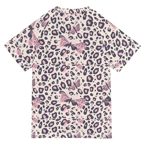Leopard Butterfly Pink Girls Bathing Suit Short Sleeves Basketball Shirt Swimwear Beach Tops 3T2