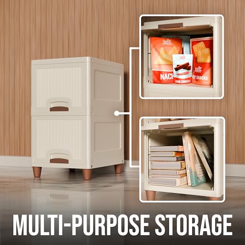 Image of Amazon Basics Multi-Purpose Organizer | Modular Storage Box for Clothes, Kitchen, Bedroom & Living Room | Stackable Rack, Space-Saving Wardrobe Cabinet (Off White), 2 Piece, Plastic