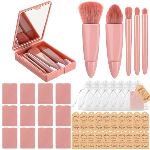 12 Set Travel Makeup Brush Set Bulk with Mirror Mini Travel Makeup Brushes Thank You Cards and Organza Bag Bridesmaid Gift for Bachelorette Party Gift Wedding Bridal Shower Favors