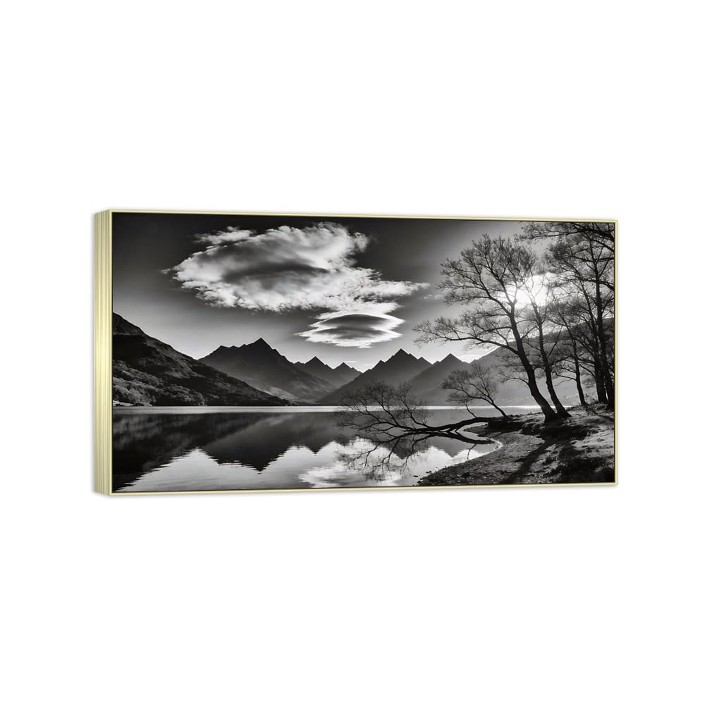 Lake Mountain Black White Landscape Canvas Picture 40x70cm Silver Frame