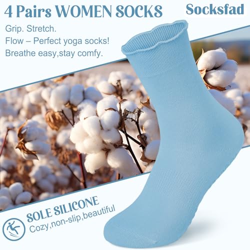 4 Pairs Ruffle Pilates Socks with Grips for Women Yoga Cute Grip Socks Pilates Non Slip Crew Ballet Hospital Workout2