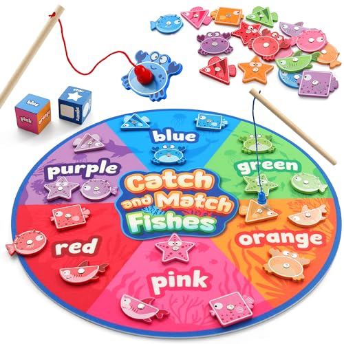 Image of Coogam Montessori Toy for Toddlers, Fine Motor Skill Wooden Magnetic Fishing Game for Year Old Kids, Color and Shape Sorter for Age 3 4 5 Girls Boys Preschool Educational Gift