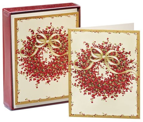 Caspari Pepperberry Wreath Boxed Christmas Cards - 15 Cards & 16 Envelopes