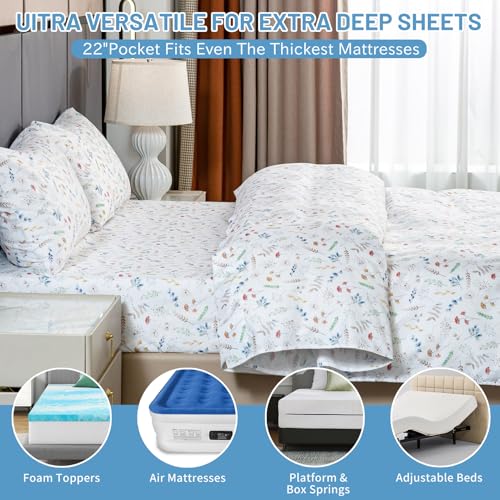 Bedlifes King Size Extra Deep Pocket Sheet Sets - Fits Mattresses Up to 18-24" Thick, 4-Piece Microfiber Set with 1800 Thread Count, Soft, Smooth, Breathable, Featuring White Floral