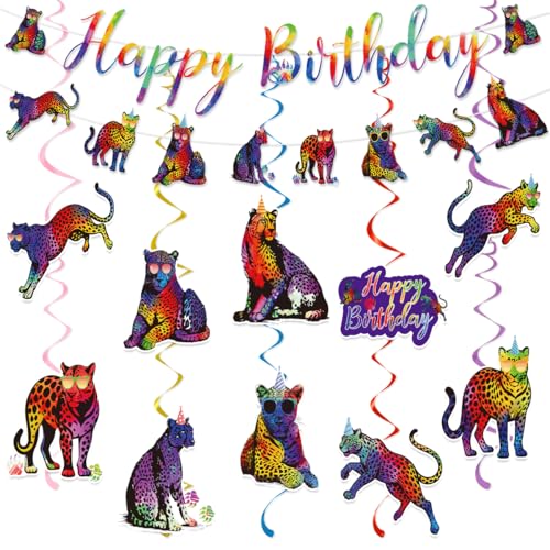 Image of Cheetah Print Birthday Decorations Include Neon Cheetah Happy Birthday Banners Hanging Swirls Jungle Rainbow Leopard Themed Birthday Party Supplies