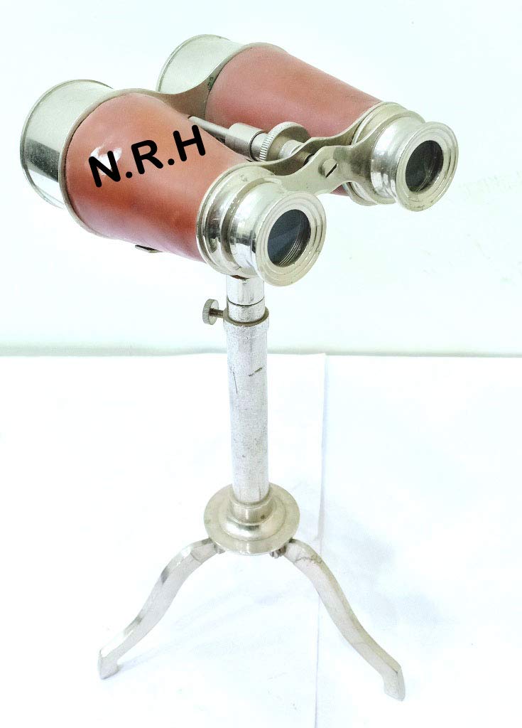 Binocolo in pelle marrone con treppiedi da tavolo, in stile nautico