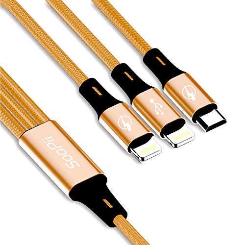 Image of SOOPII Premium 3-in-1 Multi Charging Cable, Nylon Braided Universal Cord with Micro USB, and 2 Lightning Connectors for Cell Phones | Fast Charging & High-Speed Data Transfer