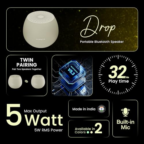 Image of (Refurbished) Hammer Drop 5W Bluetooth Wireless Speaker, Twin Pairing, TWS Function, 1200 mAh Battery, 100H Standby, Type-C Charging, 52mm Driver (Beige)